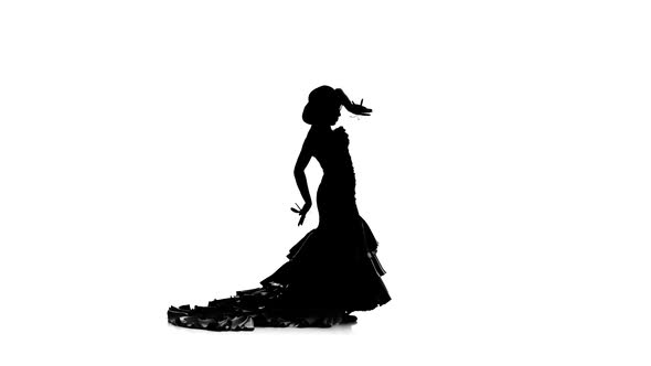 Woman Is Dancing Castanets in Her Hands Dancing. White Background. Silhouette