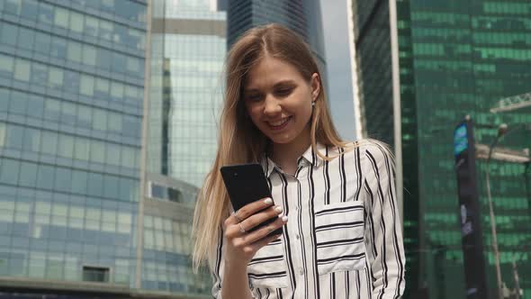 Modern Woman Use Phone City Outdoor, Happy Smiling Student Walking Street Happy Office Backgound