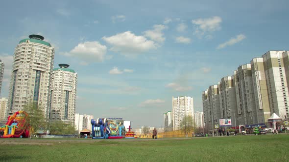 Time lapse of the urban living in Moscow Western Russia with residential high rise buildings in fron