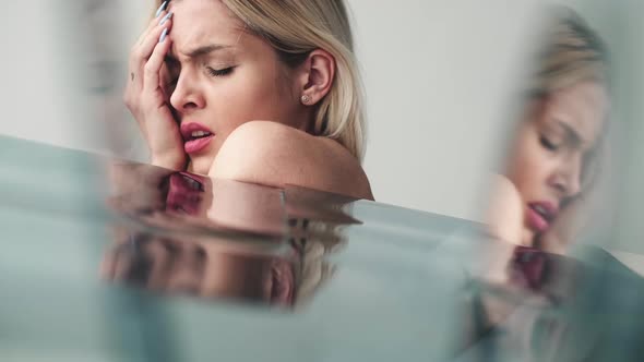 Depressed Woman Headache Pain Mirror Reflection