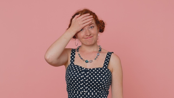 Upset Young Redhead Woman Making Face Palm Unhappy Gesture Shame on you Disappointed in Result