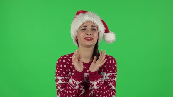 Portrait of Sweety Girl in Santa Claus Hat Is Looking with Tenderness, Green Screen
