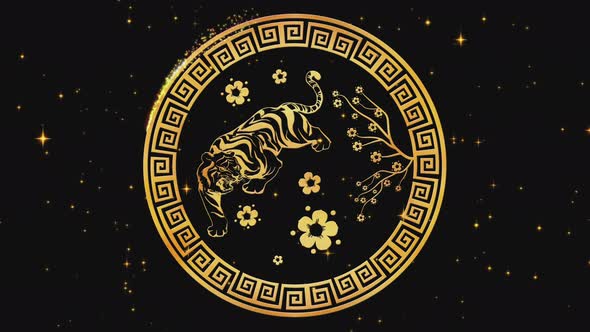 Happy Chinese New Year 2022 Zodiac Sign Tiger on Black Background with Gold Stars