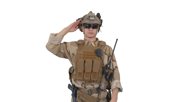 Soldier Ranger in Ammunition Saluting on White Background