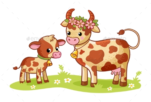 Cow with a Calf Is Standing in a Green Meadow