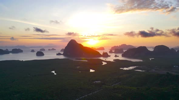 Aerial view scene of Samet Nangshe Bay, Phang Nga province, Landscape mountain and river or lake.