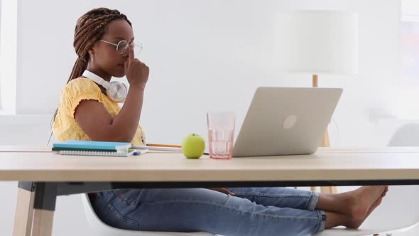 Black Female Student Pretty Young Woman Studying at Home Using Laptop Writing at Notebook Spbi