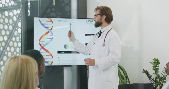  Bearded Doctor Explaining Dna Structure for His Male and Female Colleagues in Meeting Room
