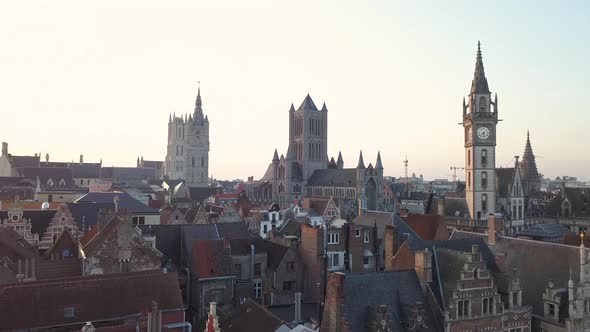 Push in of Medieval City. Aerial shot Ghent, Belgium