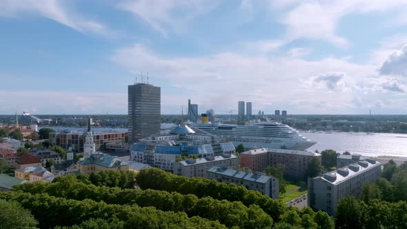 Beautiful Cruise Ship Docked in Riga Latvia Near the Old Town and the Bridge