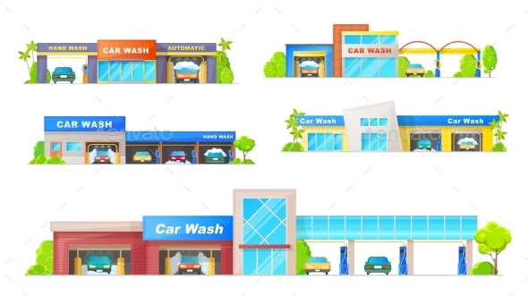 Car Wash Buildings Vector Icons