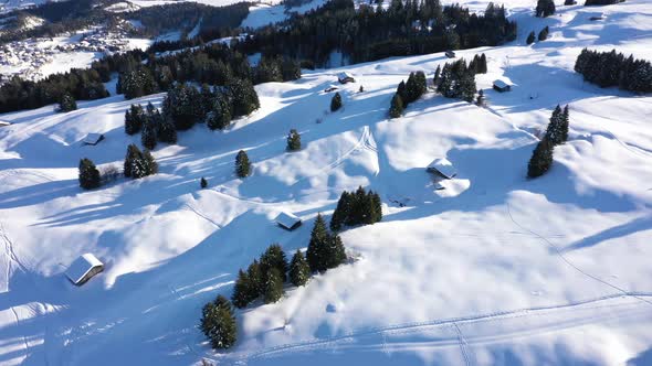 Aerial top view of snowy forest and winter in mountains and famous winter ski resort aerial view. Wi