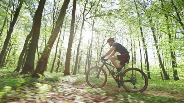 A Cyclist is Riding at High Speed Through the Forest