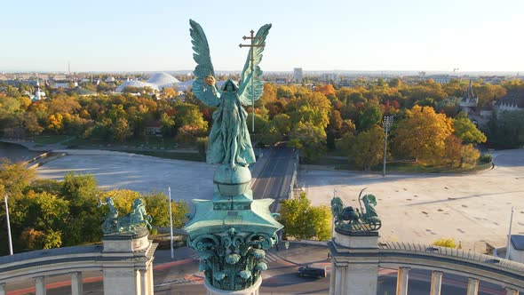 Circling the archangel Gabriel in Heroes' Square Budapest