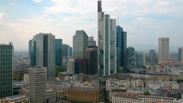 Skyscrapers In The City Center Of Frankfurt In Germany. Aerial Wide Shot