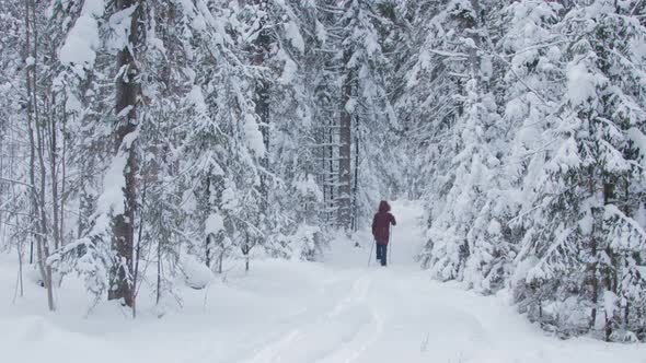 A woman walking through deep snow in forest