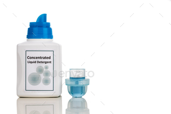 Tecnologically advanced compact concentrated laundry liquid detergent on white background