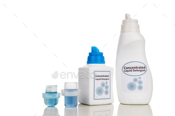 Tecnologically advanced compact concentrated laundry liquid detergent on white background