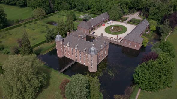 Castle Slangenburg in the Achterhoek, Gelderland, the Netherlands, Aerial circle around object