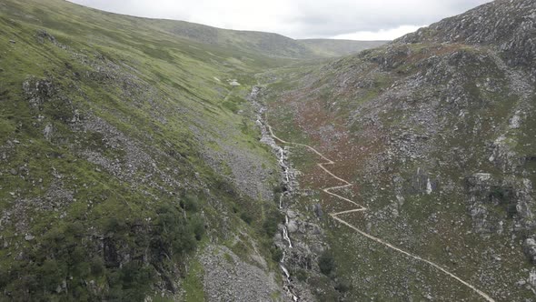 Aerial View Of The Hiking Trail In The Wicklow Mountains Near The Glendalough Upper Lake In County W