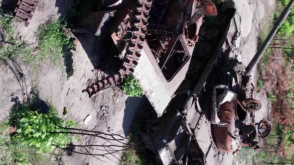 Vertical Video of a Burnt Military Equipment During the War in Ukraine