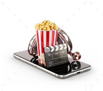 ng cinema tickets. Live watching movies and video. Unusual 3D illustration of popcorn, cinema reel, clapper board and tickets on smarthone in hand. Isolated