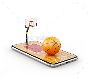 urt on a smartphone screen. Watching basketball and betting online concept. Isolated