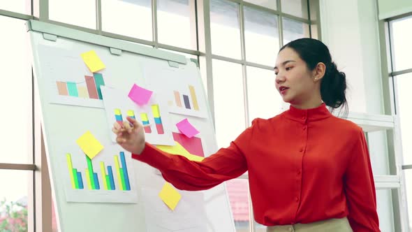 Young Woman Explains Business Data on White Board