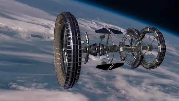 Sci Fi International Space Station Revolving Over Earths Atmosphere