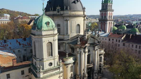 Aerial Video of Dominican Church in Central Part of Old City of Lviv, Ukraine