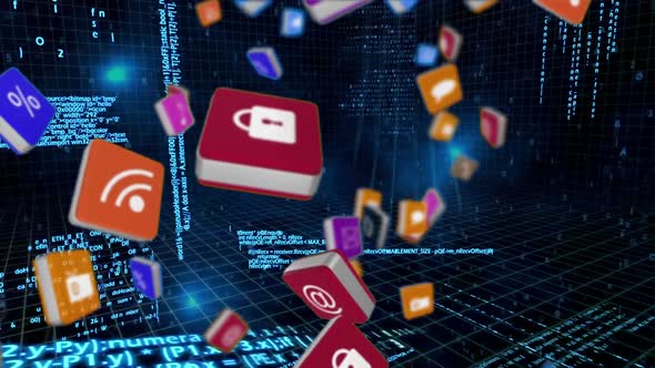 Internet icons and symbols on squares with computer codes alt