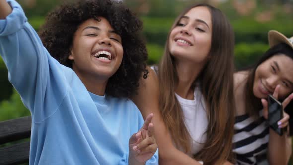 Joyful Multi Ethnic Selfie Girls Having Fun Outdoor