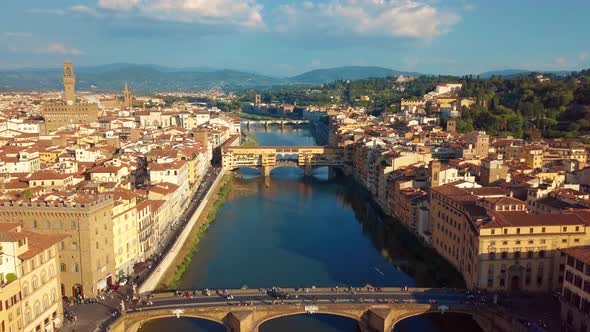 Aerial View. Florence Ponte Vecchio Bridge and City Skyline in Italy. Florence Is Capital City of