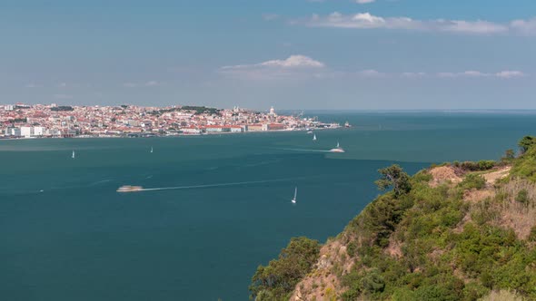 Panorama of Lisbon Historical Centre Aerial Timelapse Viewed From Above the Southern Margin of the