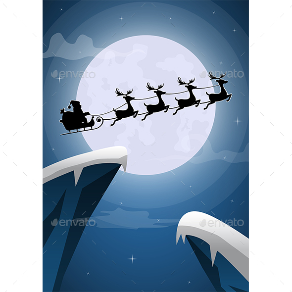 Santa Claus And Reindeer Sleigh Flying With The Full Moon On Christmas Eve