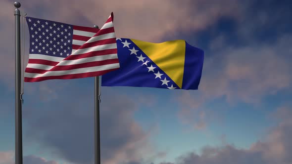 Bosnia And Herzegovina Flag Waving Along With The National Flag Of The USA - 4K