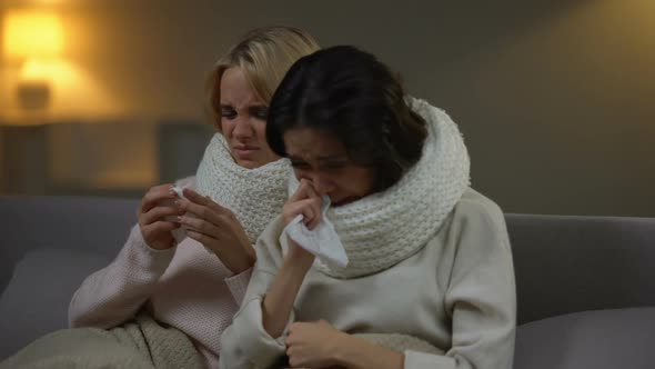 Young Students in Scarfs Sneezing in Tissue, Suffering Flu, Winter Epidemic