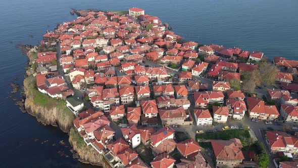 View From a Height of the City of Sozopol with Houses and Boats Near the Black Sea