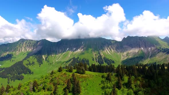 Aerial shot over Alpine landscape, Switzerland in springForest and Alpages, summits in the backgrou