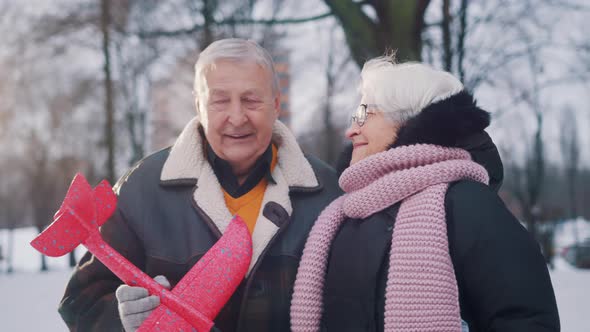 Happy Elderly Couple Playing with Airplane Toy in the Park in Winter