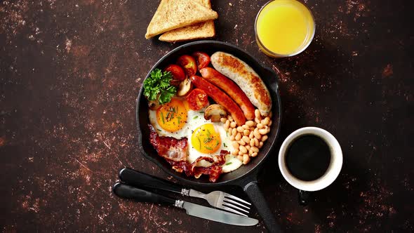 Delicious English Breakfast in Iron Cooking Pan