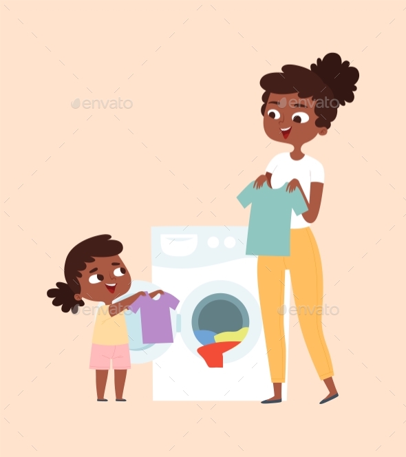 Washing Clothing Parents Children Cleaning House