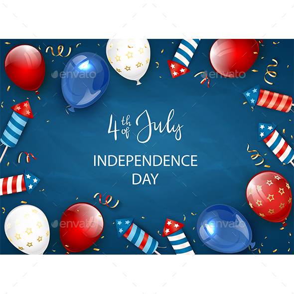 Independence Day Blue Background with Balloons and Fireworks