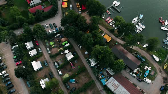 Aerial shot of Wdzydzki Park Krajobrazowy in Kaszuby, Poland with view of observation tower in Wdzyd