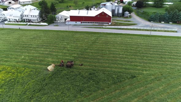 Aerial View of Amish Farm Worker Harvesting the Field in Spring With 4 Horses and 3 Dogs