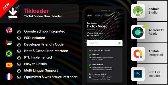TikTok Video Downloader Android App without Watermark with admob | Tikloader |...