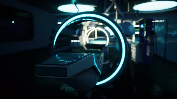 Futuristic Sci Fi MRI Scanner Medical Equipments in Hospital