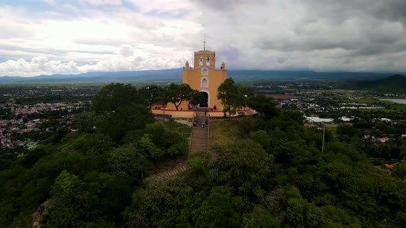 Frontal view of staris and church in Puebla