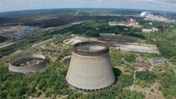 Drone Flight Over Cooling Towers Near Power Plant