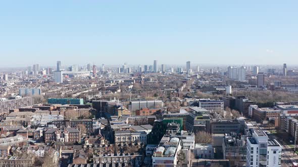 Drone shot over tower hamlets towards stratford olympic park